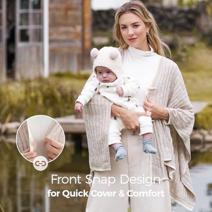 Momcozy breastfeeding shawl being worn as a stylish scarf