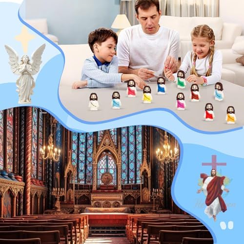 Miniature pocket religious charms displayed next to a thumb to emphasize the small decorative sizing.
