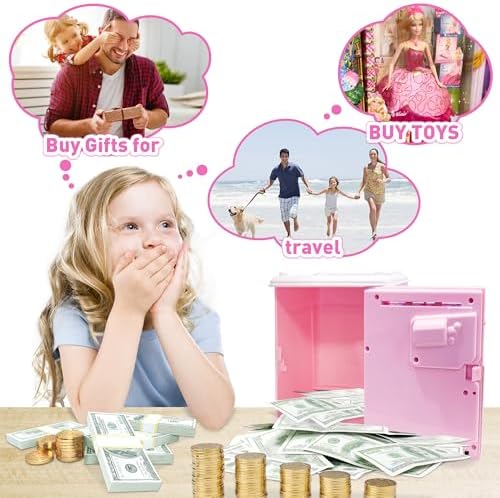 JUNEU kids ATM toy bank showing the pink unicorn graphic pattern and top coin slot details.