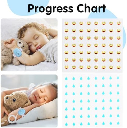 Child wearing the Tobiwibby bedwetting alarm on the upper arm for nighttime training.