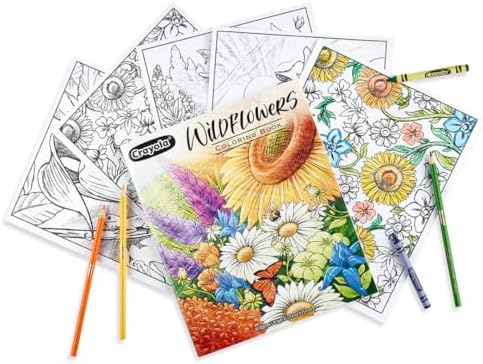 Crayola Wildflower Coloring Book opened to show a detailed uncolored premium page design.