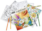 Crayola Wildflower Coloring Book opened to show a detailed uncolored premium page design.