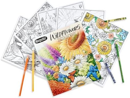 Crayola Wildflower Coloring Book opened to show a detailed uncolored premium page design.