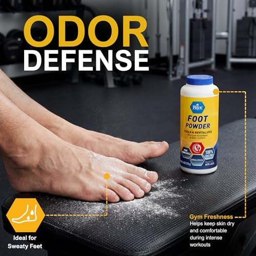 Hypoallergenic foot deodorant powder bottle showing ingredients list.