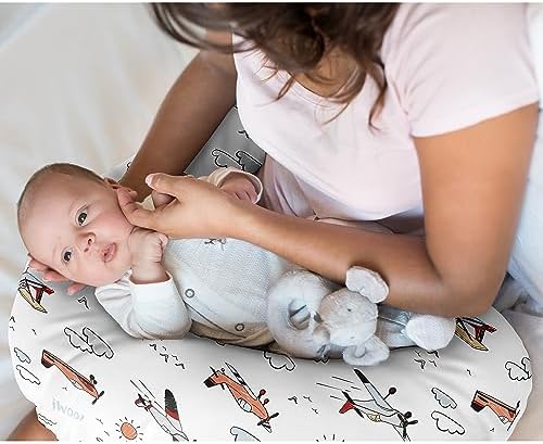 Close up of vintage airplane print on nursing pillow slipcover