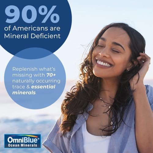 OmniBlue original deep ocean trace mineral supplement packaging details and usage directions.