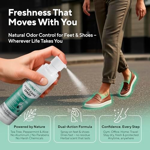 Natural tea tree oil foot deodorant bottle with peppermint and eucalyptus ingredients.