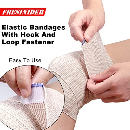 Six rolls of beige FRESINIDER elastic bandages for medical first aid use.