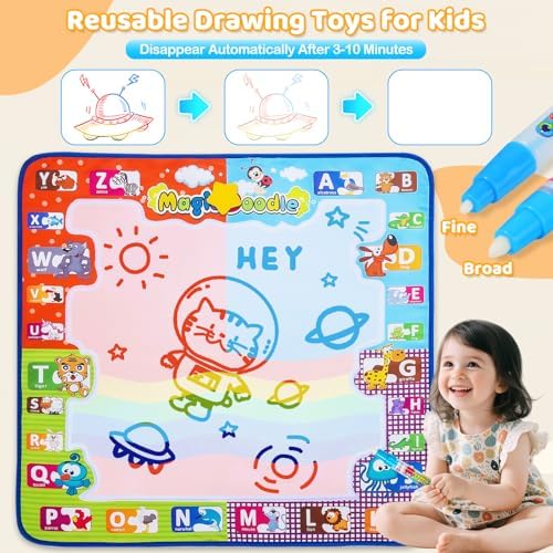 Close up view of the KIZZYEA magic water pens and plastic geometric drawing molds on the colorful border