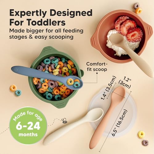 Slate colored infant weaning cutlery showing the ergonomic anti tip handle design.