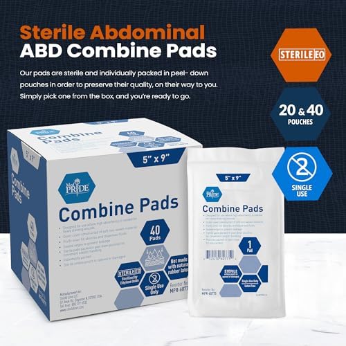 MED PRIDE 5 x 9 inches abdominal combine pads showing the thick absorbent layers.