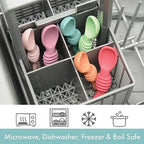 Six pack of blue and green PrimaStella silicone baby teething spoons close up view