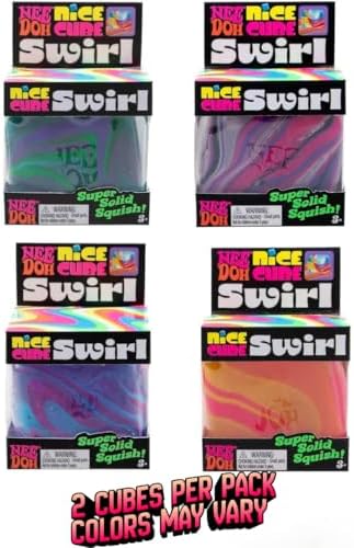 Two individual squishy marbled color blend stress cubes out of packaging