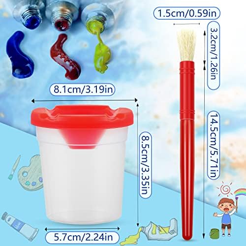 Fifty transparent plastic art containers with multi colored spill proof lids lined up neatly.