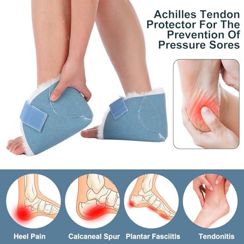 Light blue sheepskin heel pads for bedridden patients with adjustable straps