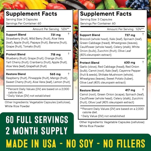 Superfood MD whole fruit and vegetable capsules pack of two nutritional facts label
