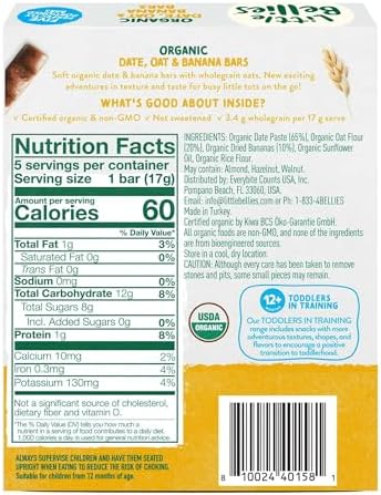 Organic toddler snack bars by Little Bellies showing banana and date flavors