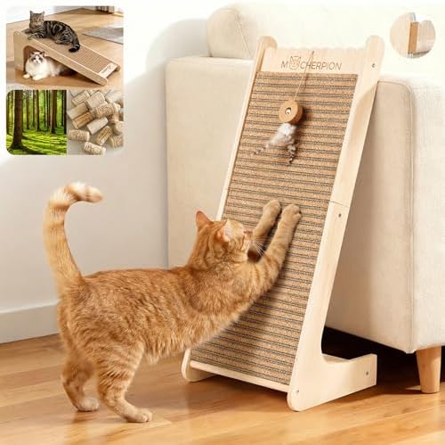 L-shaped cat scratcher ramp with solid wood frame and hanging toy ball accessory