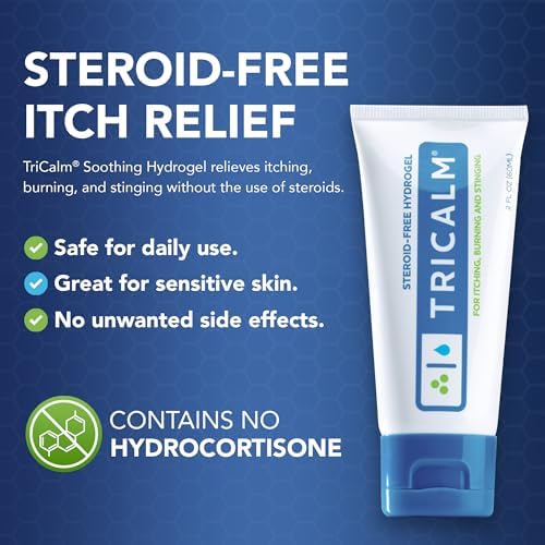 TriCalm 2 Fluid Ounce hydrogel packaging showing steroid-free itch relief benefits.
