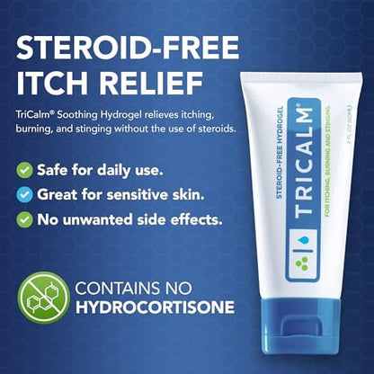 TriCalm 2 Fluid Ounce hydrogel packaging showing steroid-free itch relief benefits.
