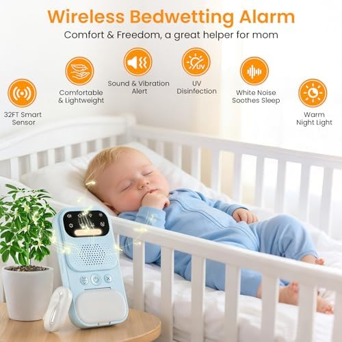 Wireless bedwetting sensor clipped to underwear showing moisture detection technology.