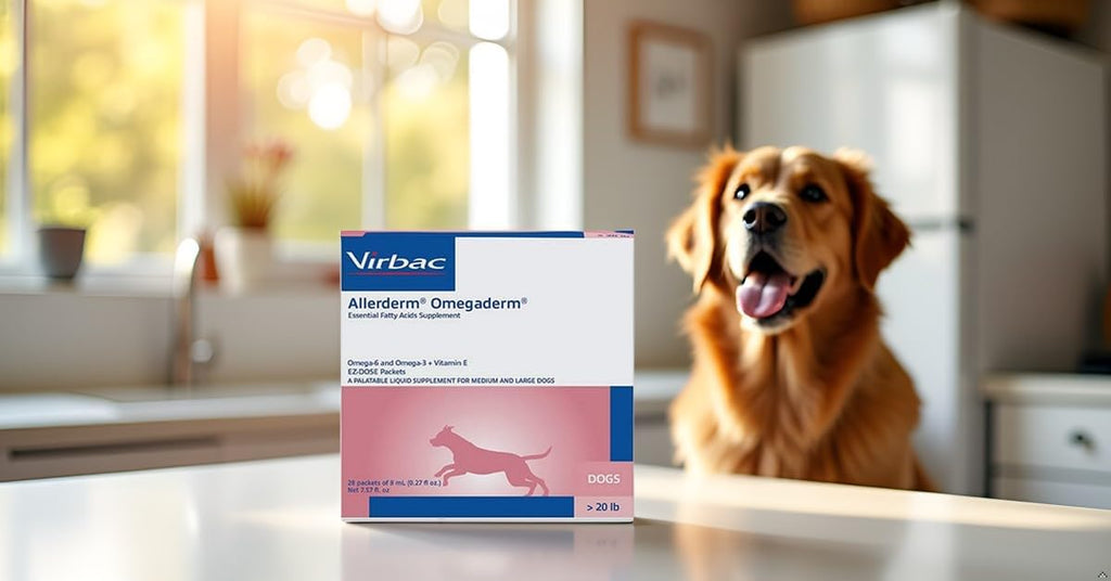 Side view of Virbac Allerderm Omegaderm veterinary formulation box highlighting key ingredients like cold sea fish oil.