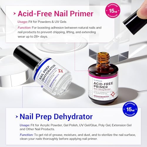 Two fifteen milliliter bottles of professional nail bonding agent and dehydrator set for acrylic powder application.