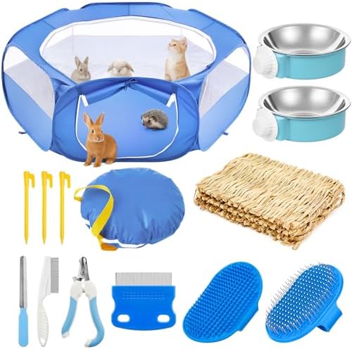 Small Animal Playpen & Grooming Kit, Portable Foldable Pet Playpen with Mesh Top for Rabbits, Guinea Pigs, Hamsters, Hedgehogs, Includes Feeding Bowls, Grooming Tools, and Bedding Mat, Blue - Image 2