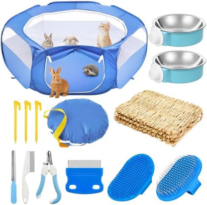 Small Animal Playpen & Grooming Kit, Portable Foldable Pet Playpen with Mesh Top for Rabbits, Guinea Pigs, Hamsters, Hedgehogs, Includes Feeding Bowls, Grooming Tools, and Bedding Mat, Blue - Image 2