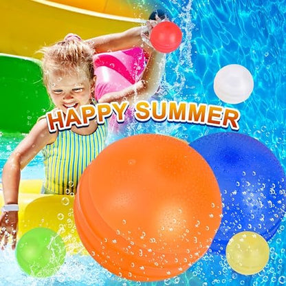Twenty four deflated RYTABEE reusable water balloons packed neatly inside the included black drawstring mesh storage bag