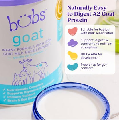 Bubs Goat Milk Infant Formula nutritional information label and feeding guide