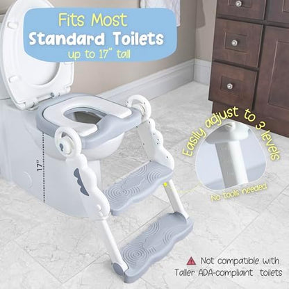 Side view of an adjustable gray toddler potty training seat attached to a standard western toilet