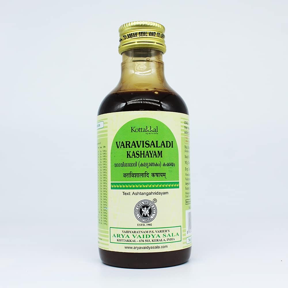 Kottakkal Arya Vaidya Sala Varavisaladi Kashayam 200ml bottle front view authentic Ayurvedic medicine