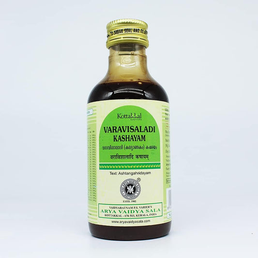 Kottakkal Arya Vaidya Sala Varavisaladi Kashayam 200ml bottle front view authentic Ayurvedic medicine