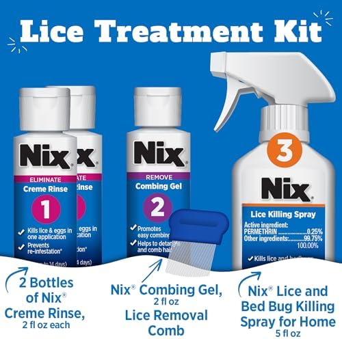 Nix Combing Gel and metal nit comb for easy detangling and egg removal.