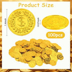 WSepascI fake gold coins one hundred pieces scattered on a table
