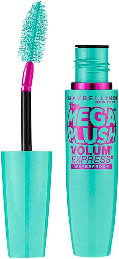 Side profile of the USA imported Maybelline Mega Plush Waterproof Mascara packaging highlighting product details and the shade Very Black 275