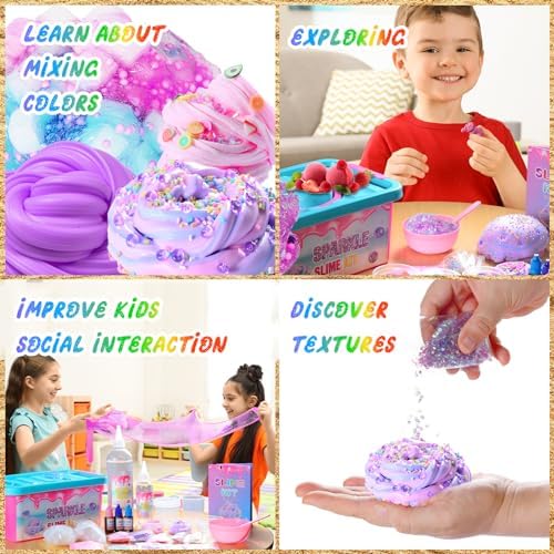 Sparkling slime textures with glitter and colorful confetti add-ins.