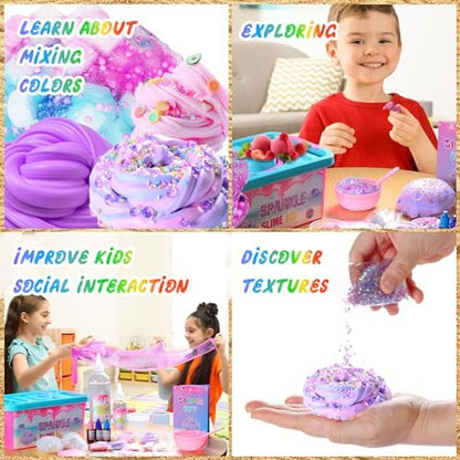 Sparkling slime textures with glitter and colorful confetti add-ins.