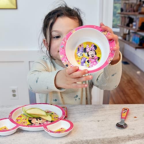 Close up of Disney Minnie Mouse feeding set ergonomic utensils