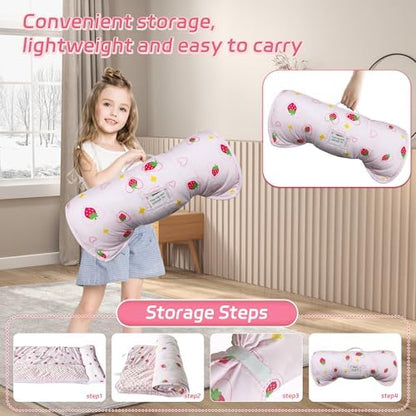 Googgoing preschool nap mat side view demonstrating the extra thick cushioning and attached name tag feature