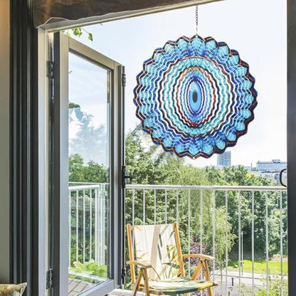 Close up of 10 inch blue Evil Eye wind sculpture design