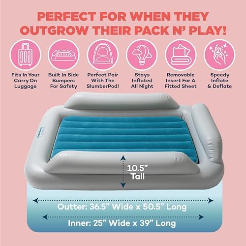 SlumberTot travel mattress including the multi-nozzle electric pump and matching storage carrying bag.