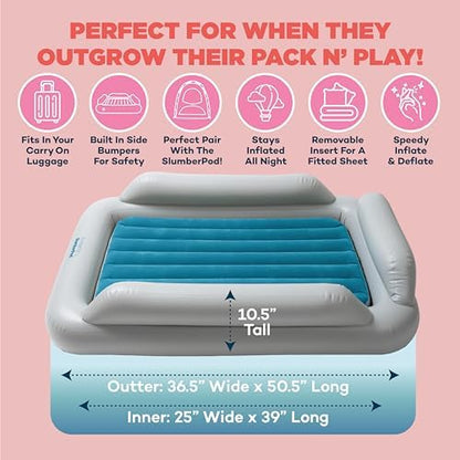SlumberTot travel mattress including the multi-nozzle electric pump and matching storage carrying bag.