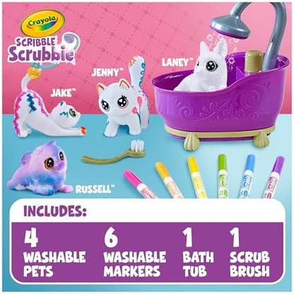 Children using the purple bathtub to wash washable markers off the toy pets.