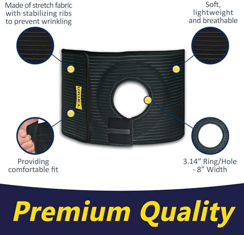 URIEL medical colostomy hernia support belt size five laid flat showing the full elastic construction.