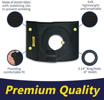 URIEL medical colostomy hernia support belt size five laid flat showing the full elastic construction.