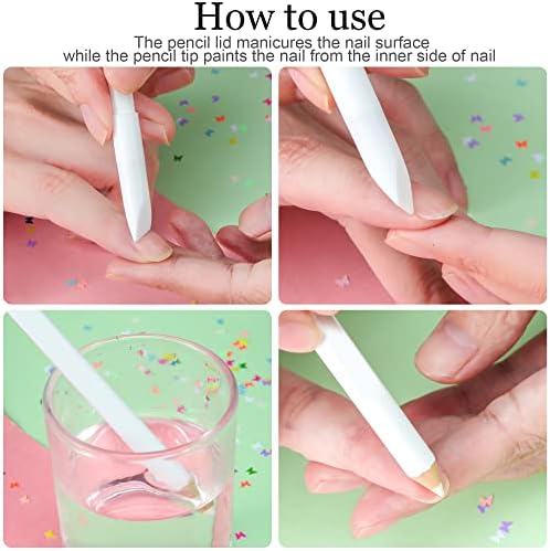 Maitys nail whitening pencil being applied underneath the fingernail tip close up