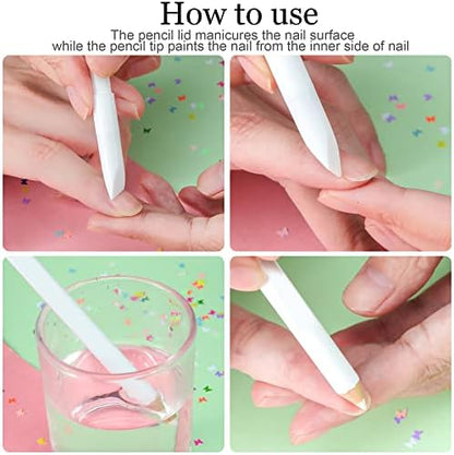Maitys nail whitening pencil being applied underneath the fingernail tip close up
