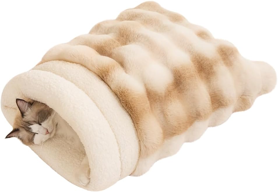 SOMAHE Cat Sleeping Bag for Indoor Cats, Faux Fur Pet Cave Bed & Burrow Nest, Reversible Plush Snuggle Sack, Portable Foldable Mat, Machine Washable, Anti-Static, 21.7"x17.7" Coffee - Image 11